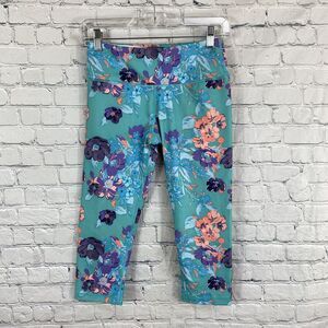 Scorpio Sol Womens Aqua Blue Floral Crop Capri Athletic Leggings- Size XS